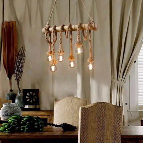 capsule Verouderd Geschiktheid Retro Touw LED Hanglamp Bamboe | Vintage Scheepstouw met 6 Fittingen Hang  Lamp | Bamboo Vintage LED Light | Dimbare Bamboe Verlichting - Bestgadgets4u